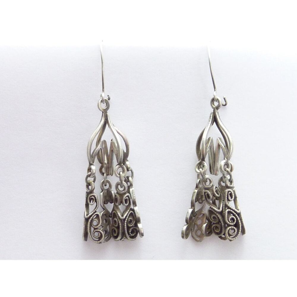 Vintage Silver Tone Filigree Dangle Earrings Delicate Drop 1.75 Inch